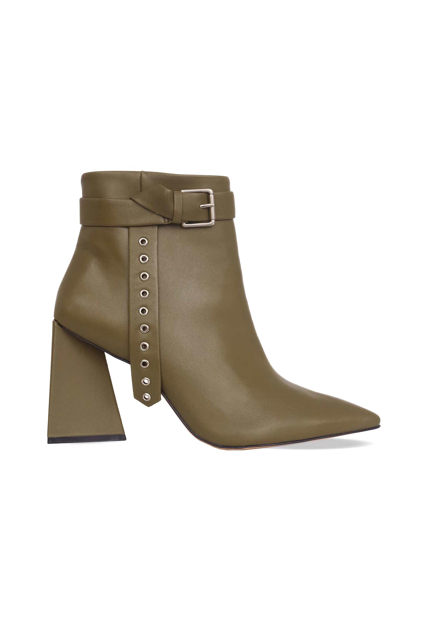 Salvia Green Leather Heeled Ankle Boots – Pointed Toe Elegant Design