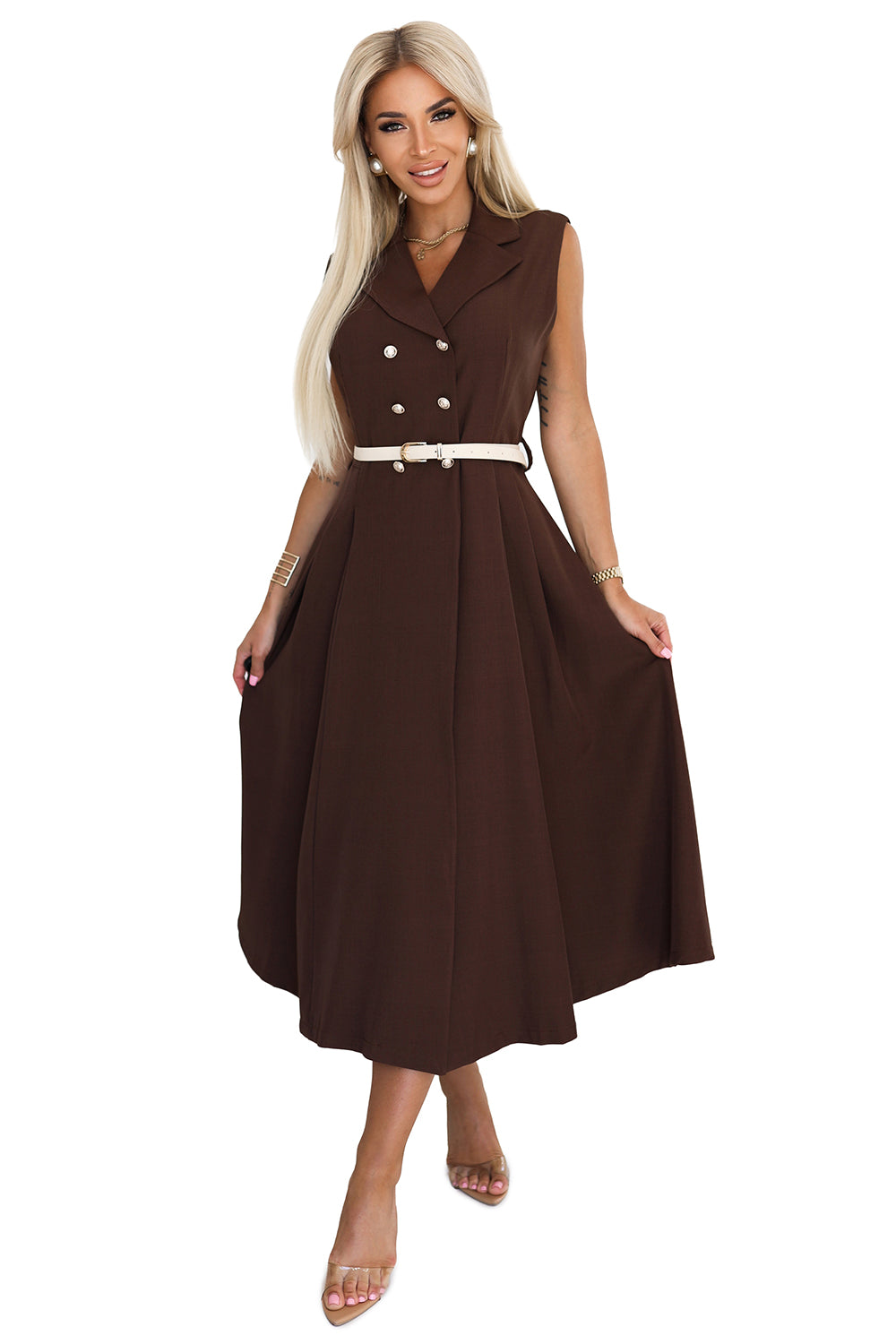 Numoco Basic 596-4 Elegant midi shirt dress with gold buttons and belt - chocolate