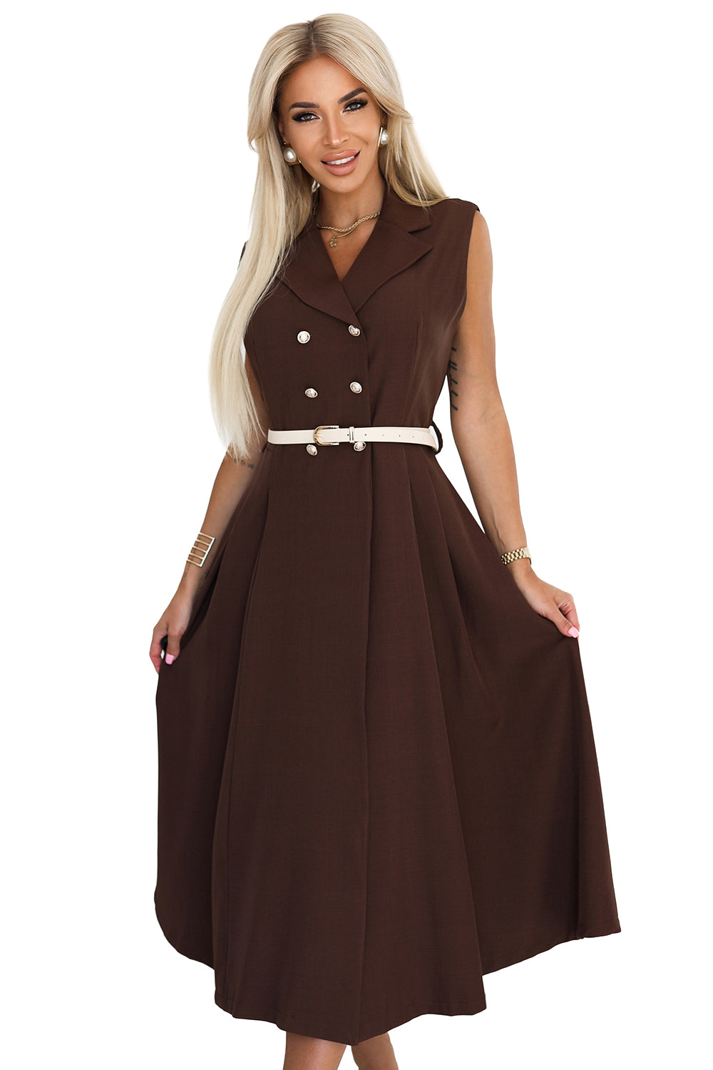 Numoco Basic 596-4 Elegant midi shirt dress with gold buttons and belt - chocolate