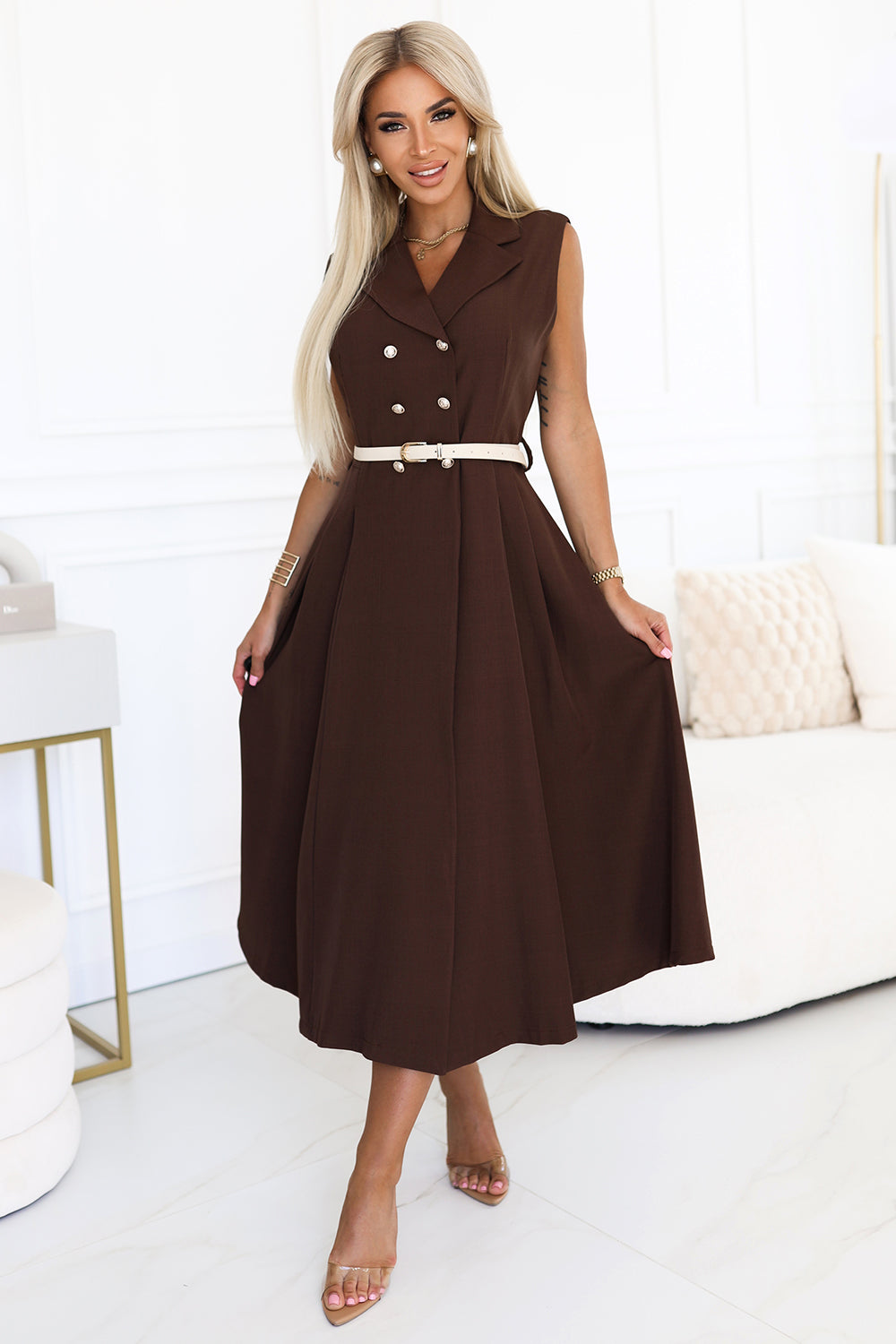 Numoco Basic 596-4 Elegant midi shirt dress with gold buttons and belt - chocolate