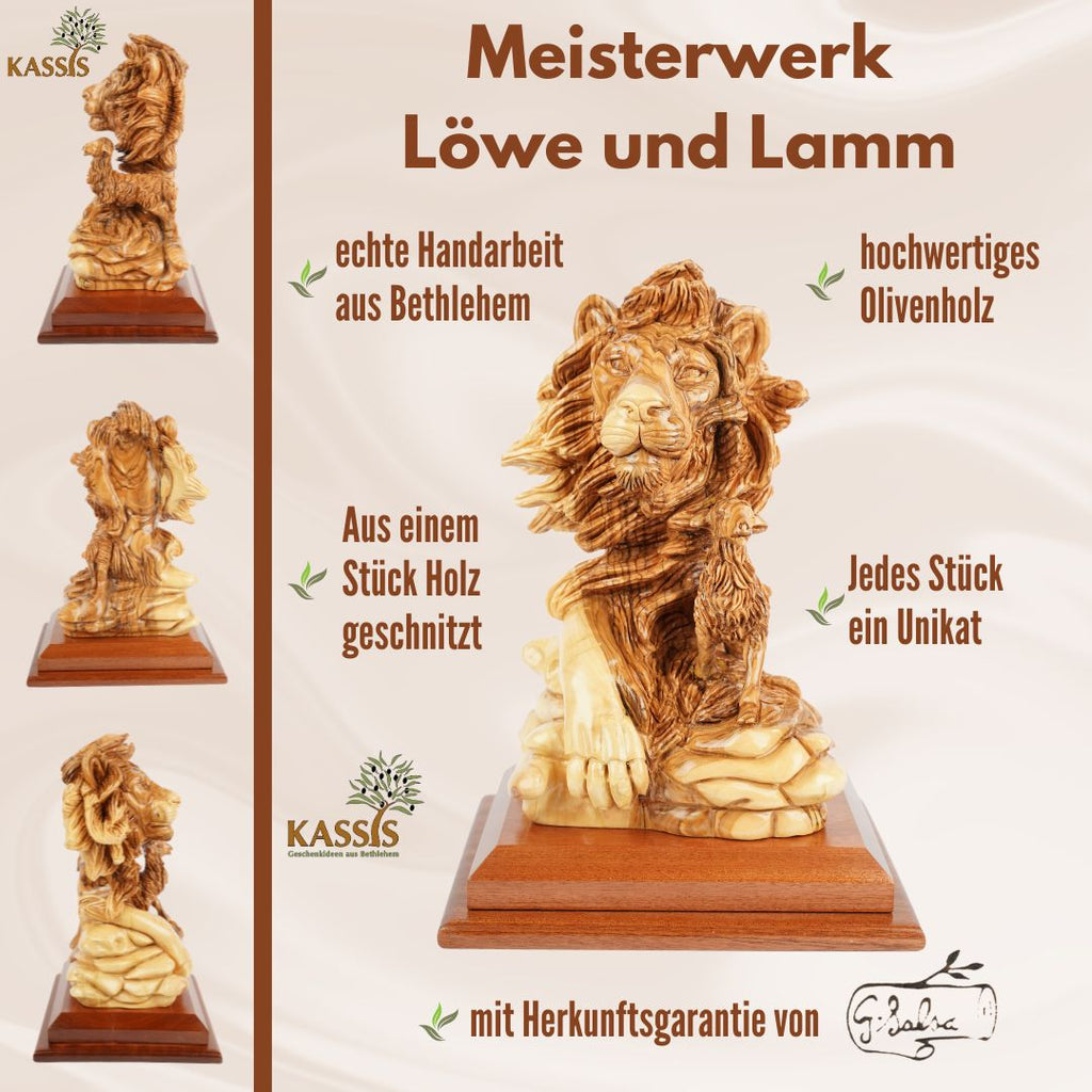 Hand-carved sculpture "Lion and Lamb" – symbol of peace, made of olive wood (30 cm)