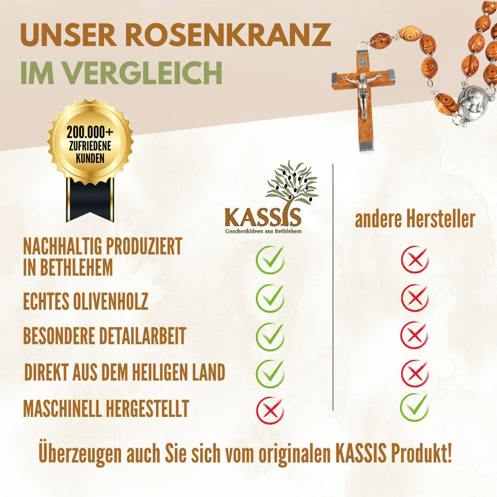 Rosenkranz aus Olivenholz mit dekorierten Perlen (50 cm) | Gebetskette mit Kreuz als Geschenk zur Taufe, Kommunion & Firmung