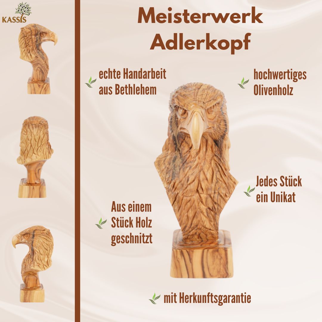 Hand-carved eagle head made of olive wood – Exclusive wooden sculpture from Bethlehem (23 cm)
