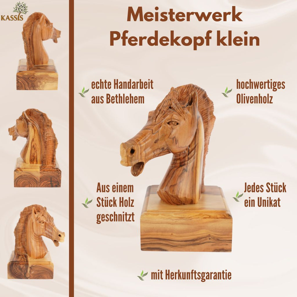 Hand-carved horse head made of olive wood (small) – Exclusive wooden sculpture from Bethlehem (16 cm)