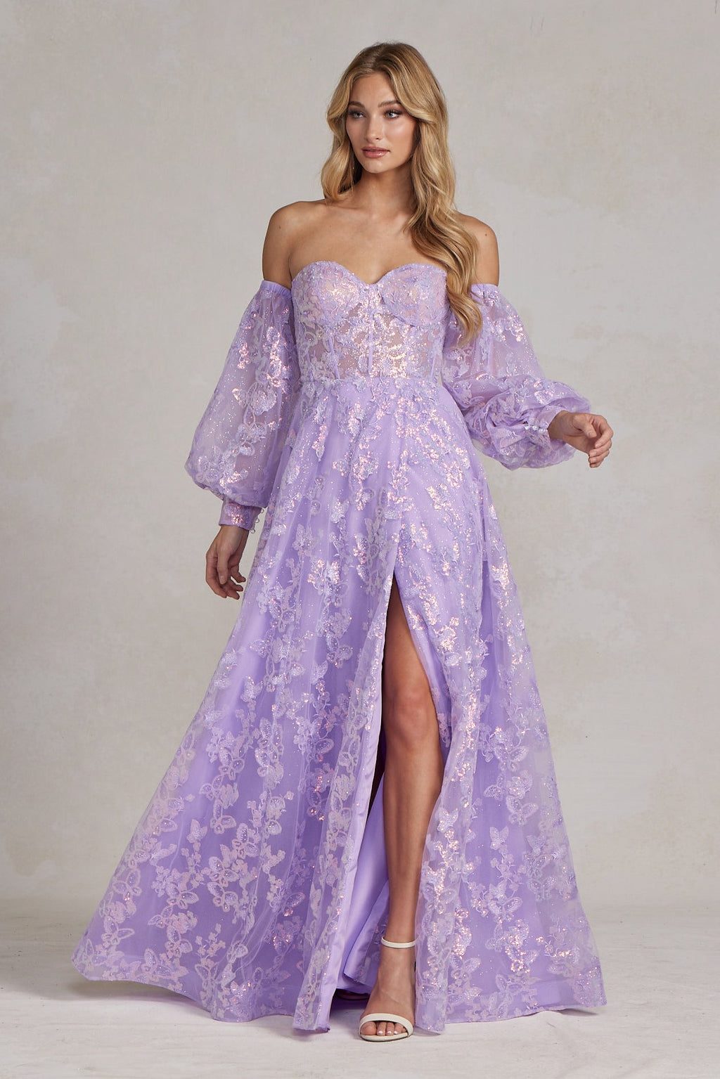 Off The Shoulder Stunning Gown w/ Sequins Embroidery & Long Puff Sleeves NXK1155