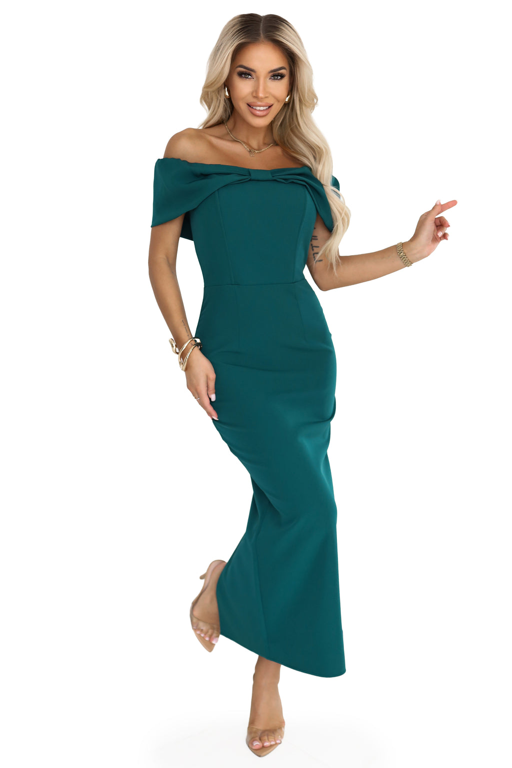 Numoco 644-1 Sensual midi dress with a bow at the neckline - bottle green