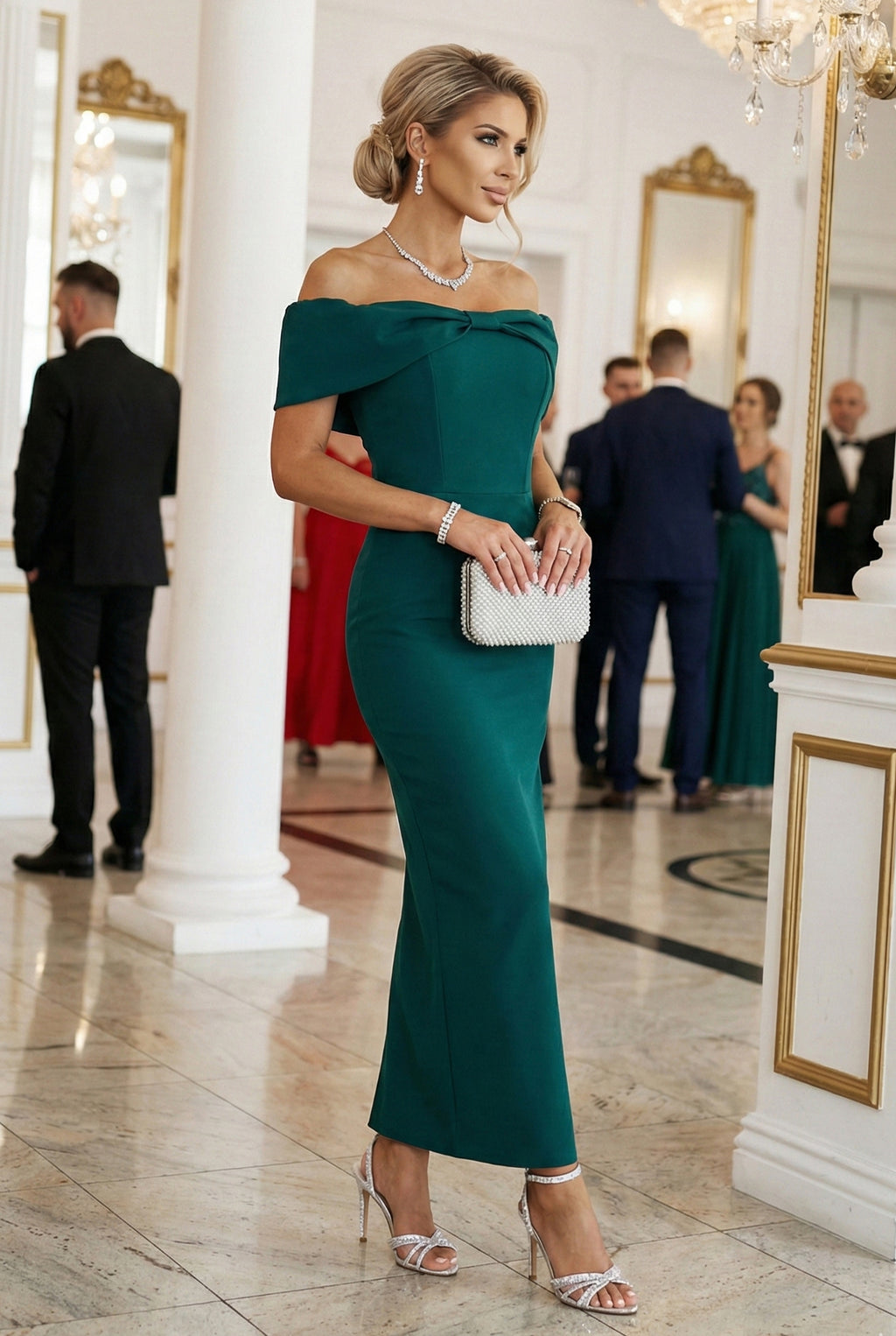 Numoco 644-1 Sensual midi dress with a bow at the neckline - bottle green