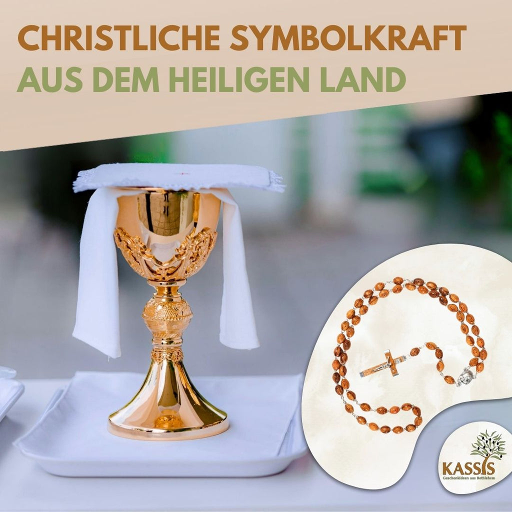 Rosenkranz aus Olivenholz mit dekorierten Perlen (50 cm) | Gebetskette mit Kreuz als Geschenk zur Taufe, Kommunion & Firmung