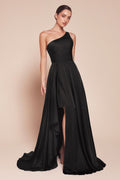 Elegant One-Shoulder Slate Blue High-Low Formal Dress with Draped Skirt CD7450