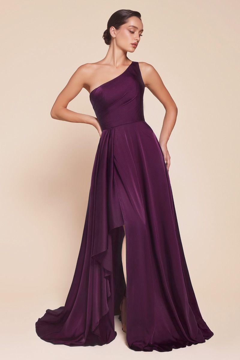 Elegant One-Shoulder Slate Blue High-Low Formal Dress with Draped Skirt CD7450