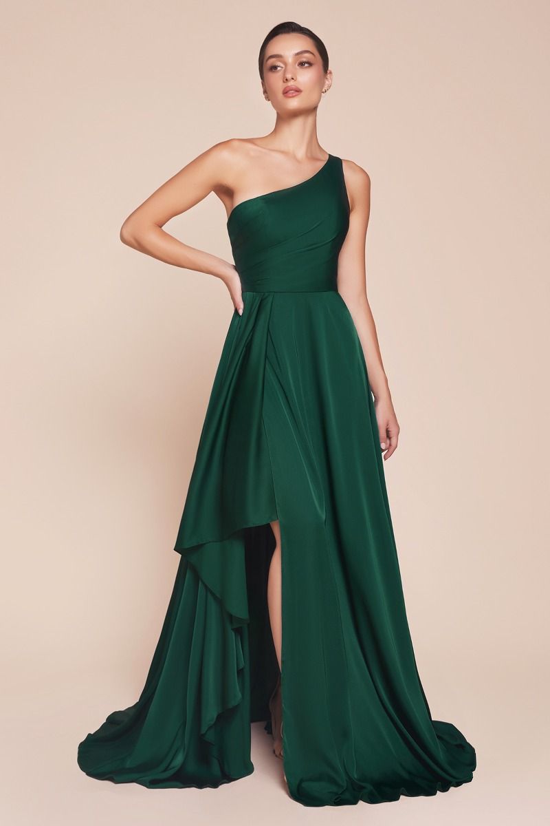Elegant One-Shoulder Slate Blue High-Low Formal Dress with Draped Skirt CD7450