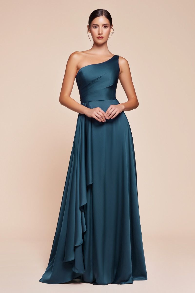 Elegant One-Shoulder Slate Blue High-Low Formal Dress with Draped Skirt CD7450