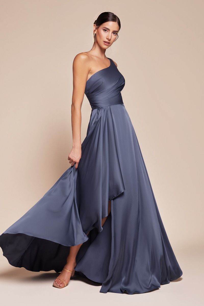 Elegant One-Shoulder Slate Blue High-Low Formal Dress with Draped Skirt CD7450