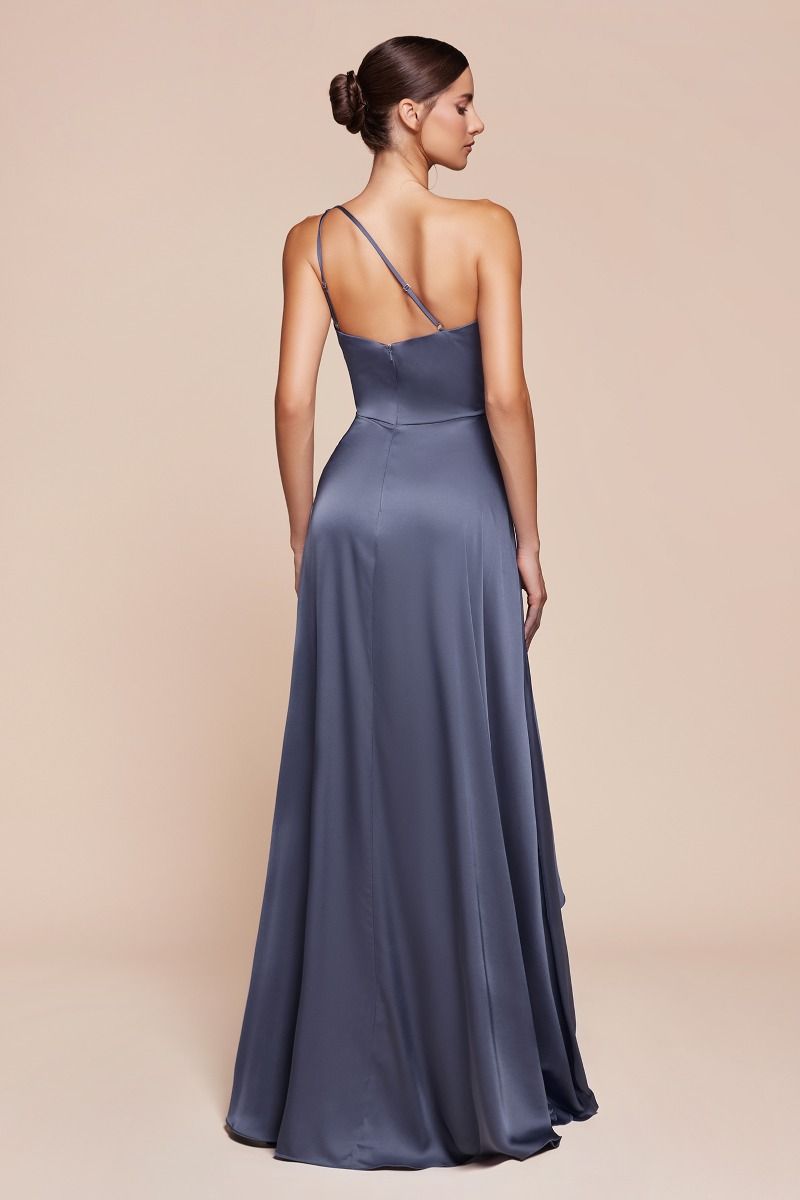 Elegant One-Shoulder Slate Blue High-Low Formal Dress with Draped Skirt CD7450