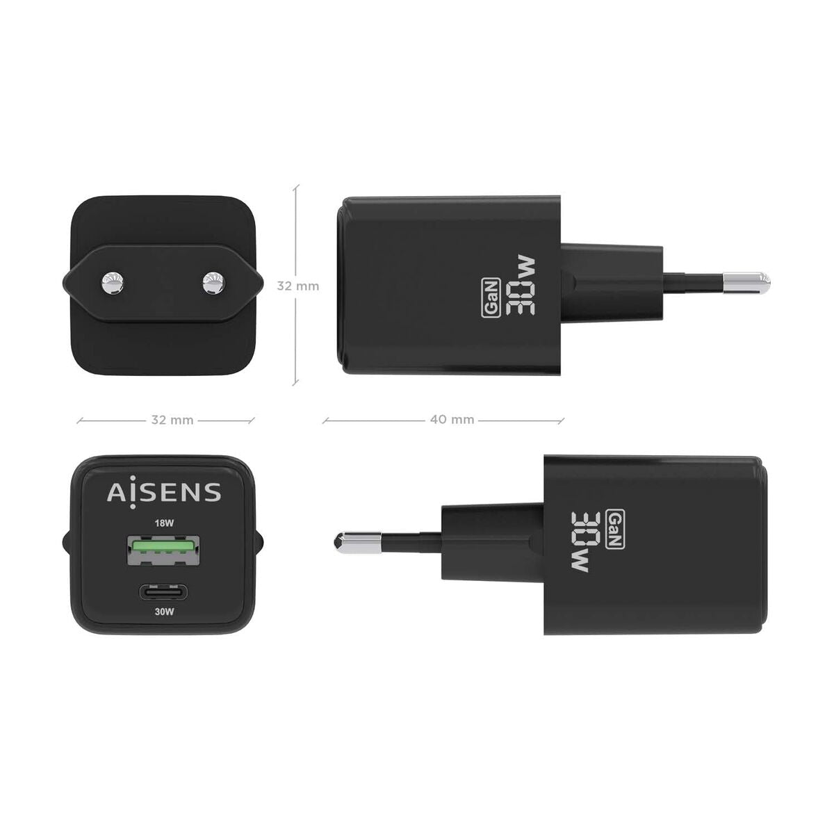 Wall Charger Aisens ASCH-30W2P038-BK Black Multicolour 33 W