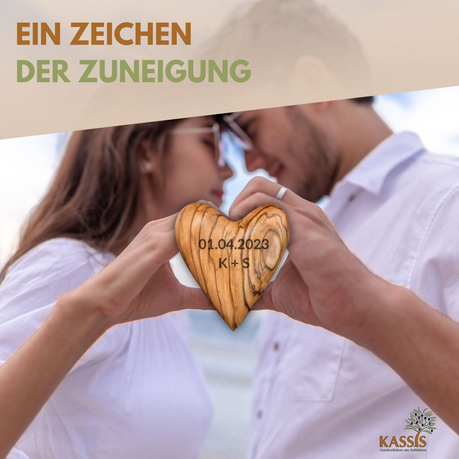 Heart-shaped gift, olive wood, palm stone, lucky charm