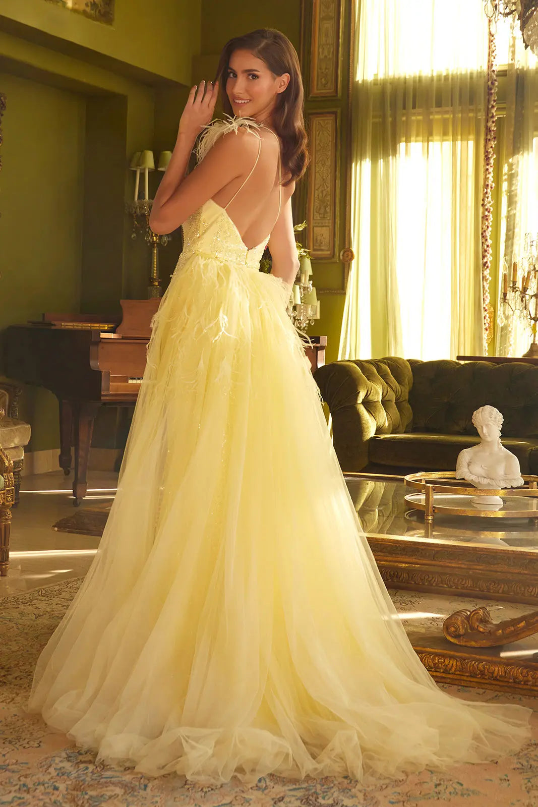 Asymmetric feather mesh mermaid long dress w detachable waist drape GLGL3278