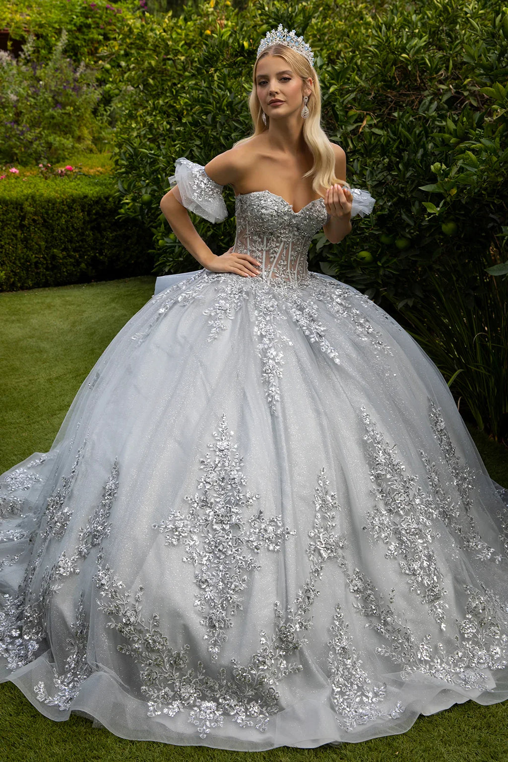 Embroidery embellished glitter mesh quinceanera dress w detachable bow GLGL3519