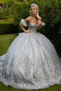 Embroidery embellished glitter mesh quinceanera dress w detachable bow GLGL3519