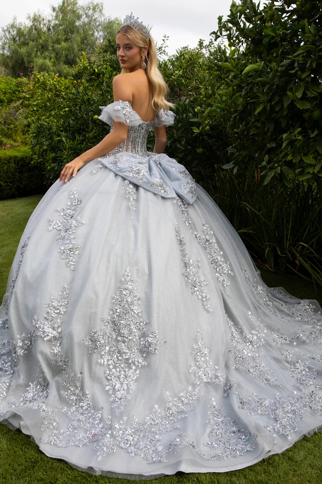 Embroidery embellished glitter mesh quinceanera dress w detachable bow GLGL3519