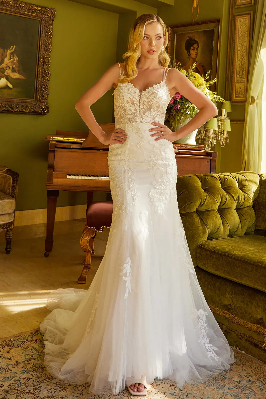 Double spaghetti strap embellished false back button closure v back dress GLGL3533