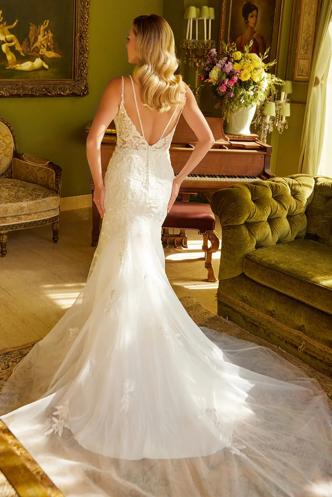 Double spaghetti strap embellished false back button closure v back dress GLGL3533