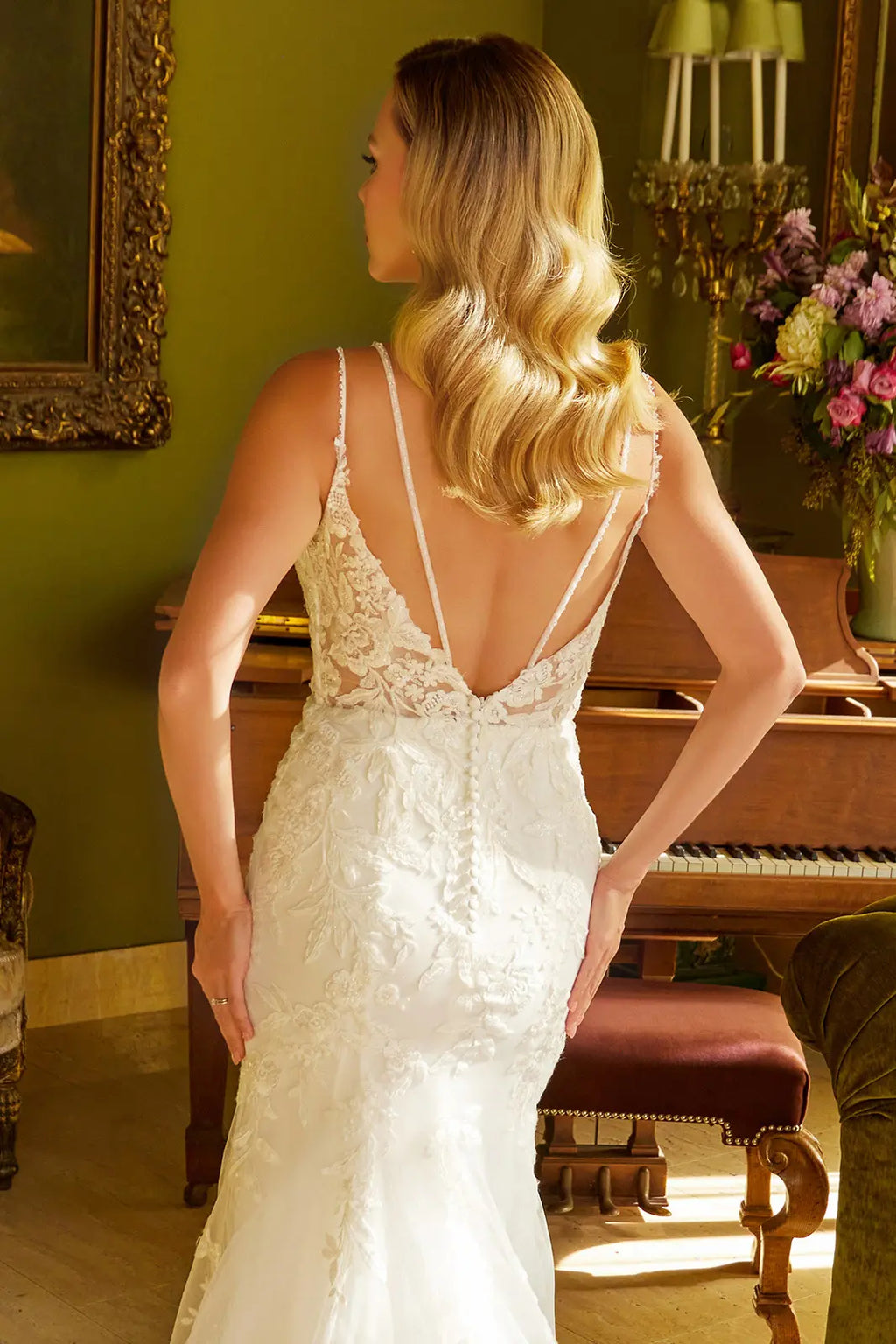 Double spaghetti strap embellished false back button closure v back dress GLGL3533