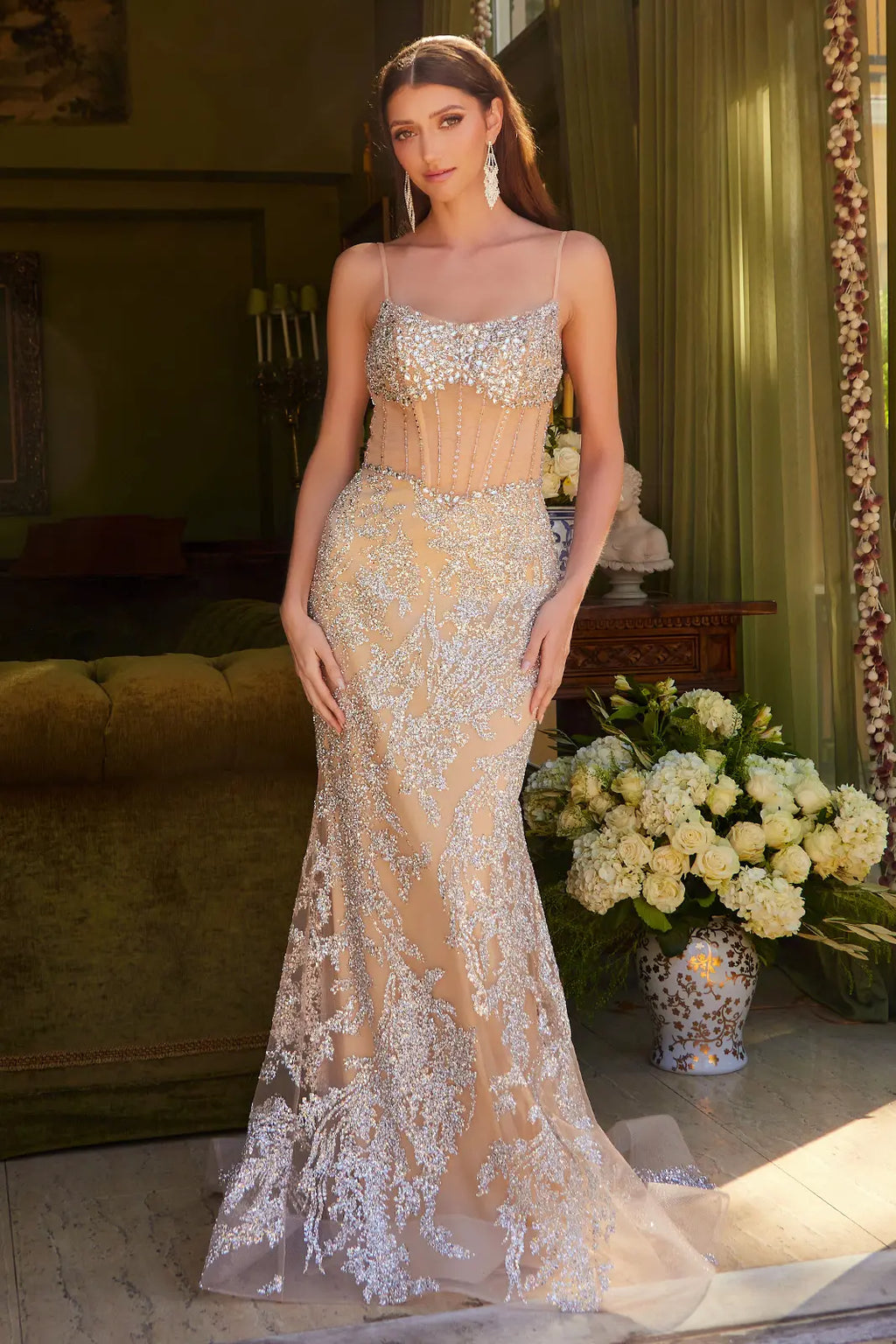 Embellished boat neckline spaghetti strap lace up back corset mermaid dress with stiff hem GLGL3614