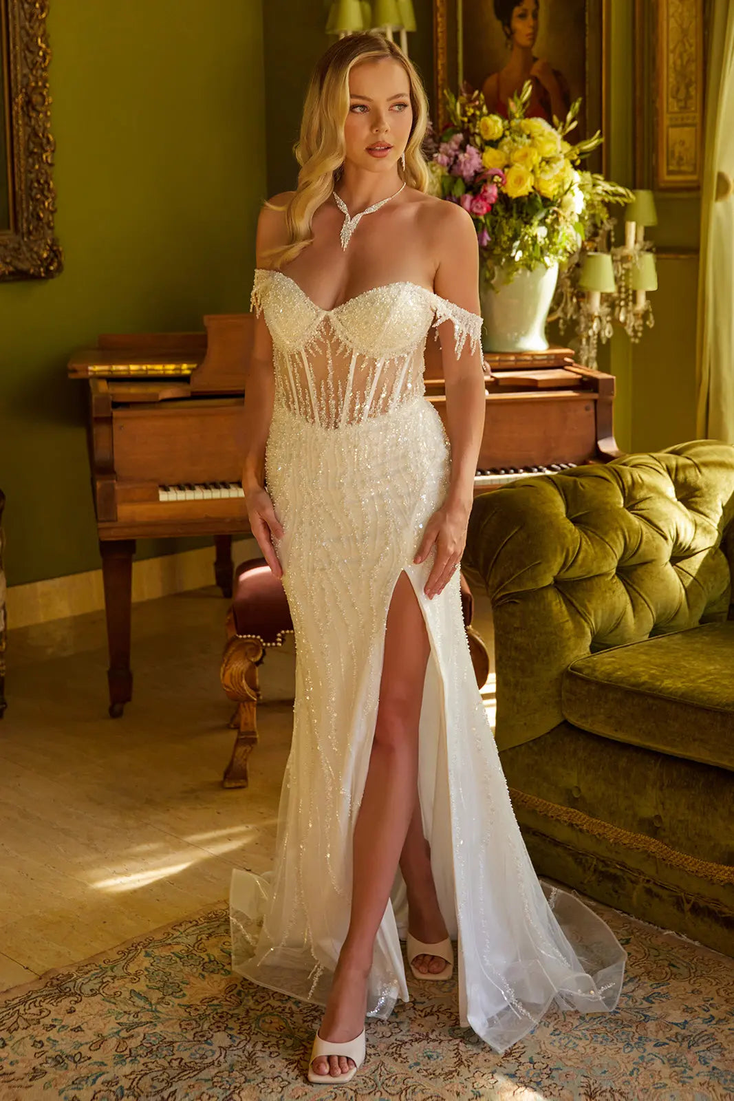 Embellished fringe shoulder strap corset stiff hem dress with slit GLGL3620