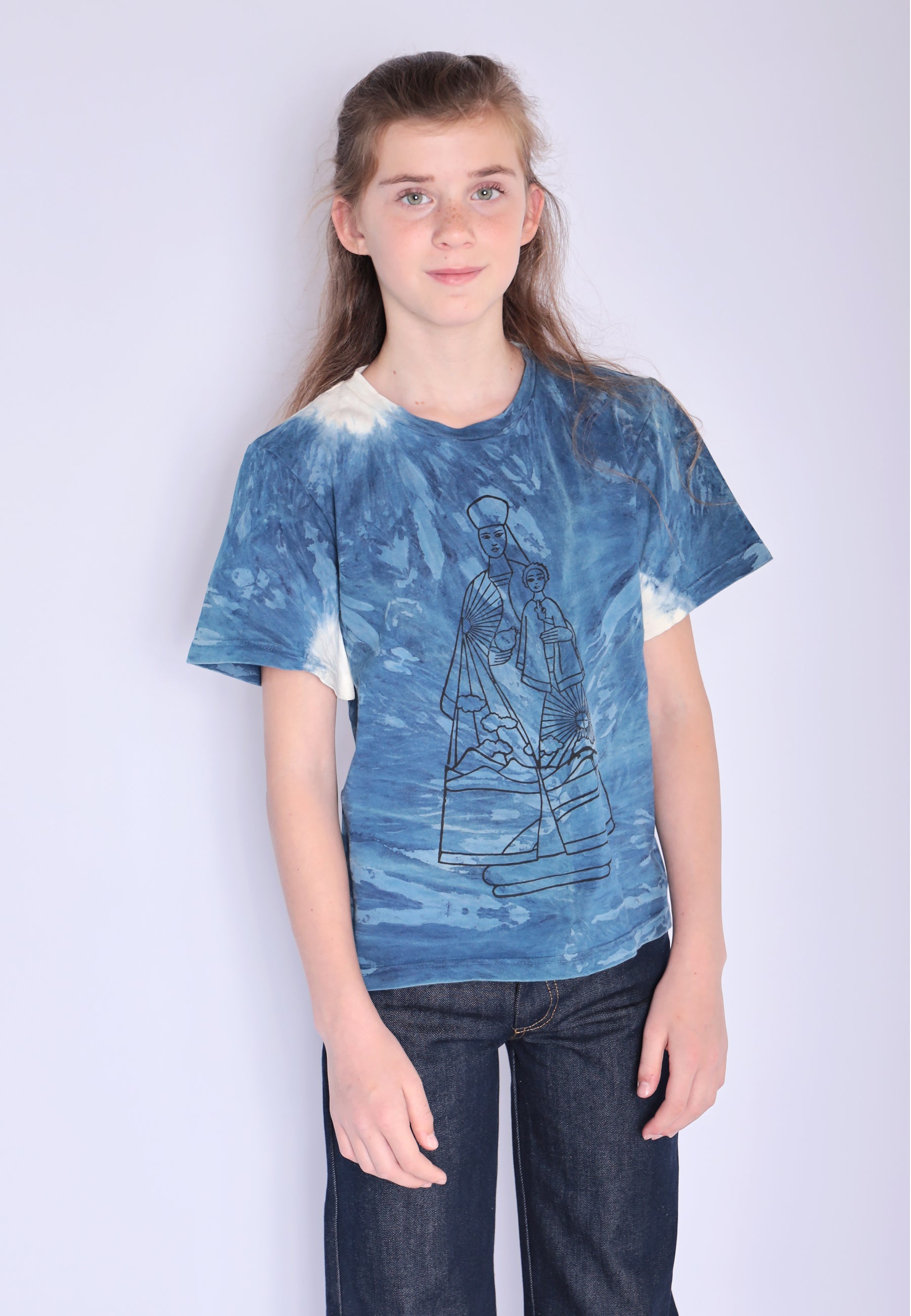 Artisanal Girls and Boys T-Shirt naturally dyed Indigo with Hand Print