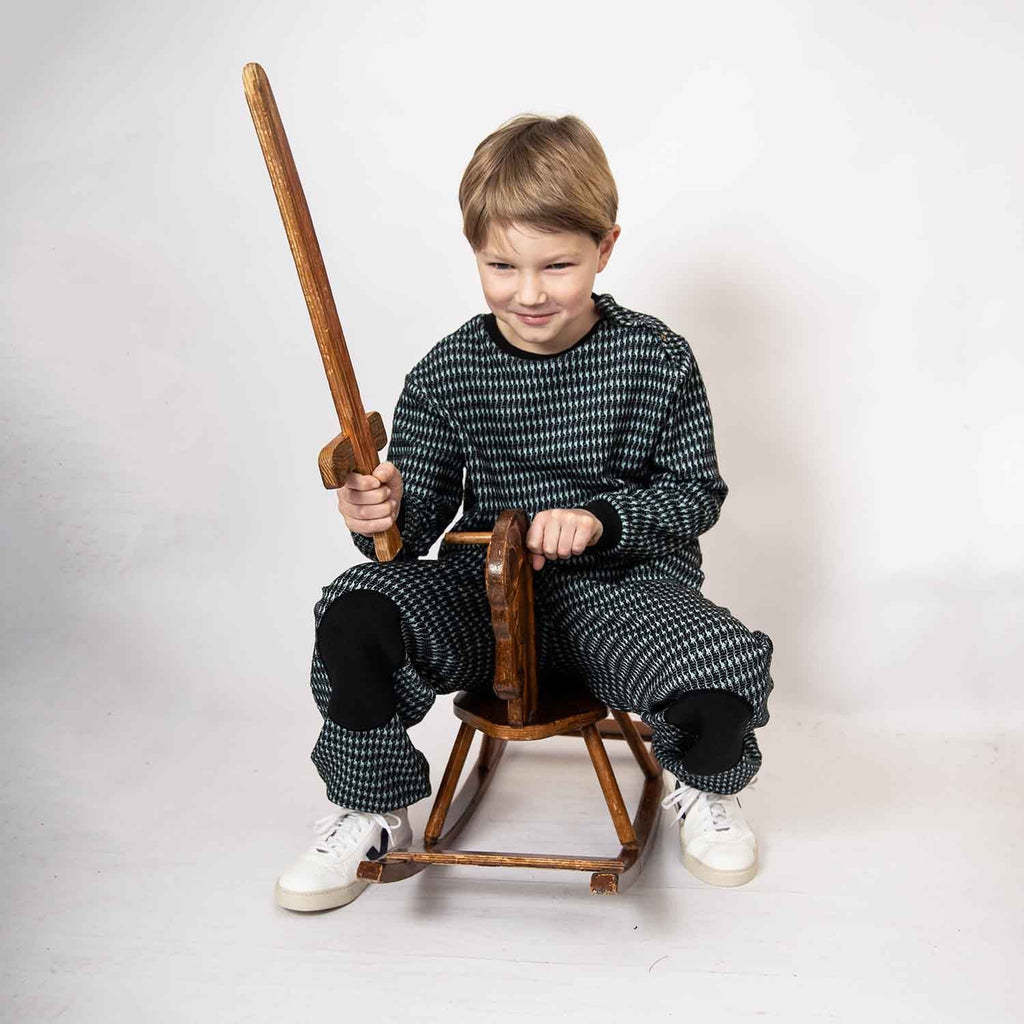 Black and Blue pied de poule Kids Pants with Knee Patches