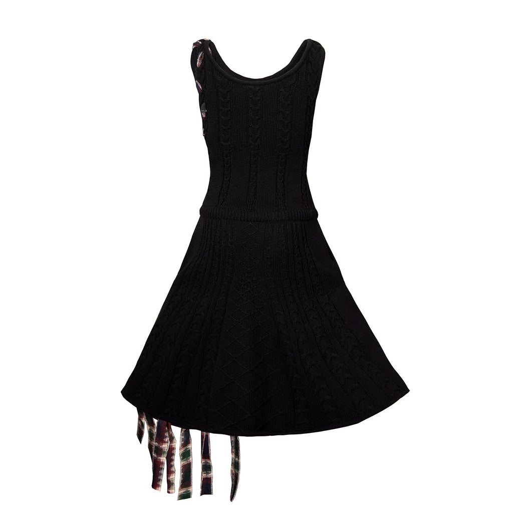 Girls Black Cable Knit Dress with Red Tartan Details
