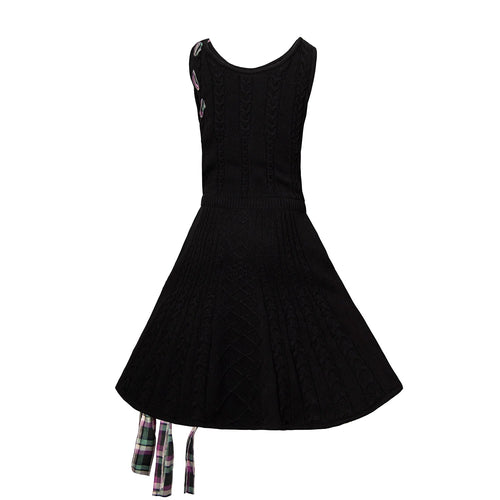 Black Cable Knit Dress with Purple Tartan Details