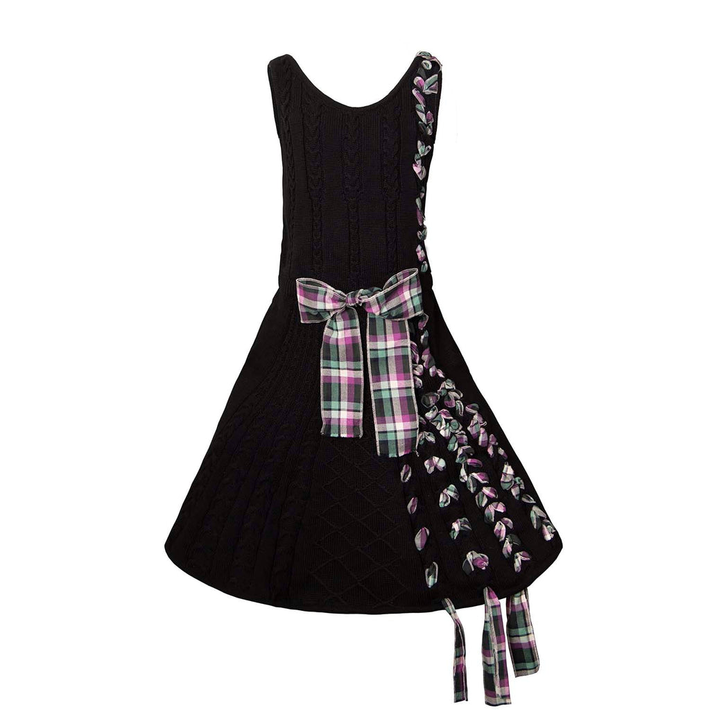 Black Cable Knit Dress with Purple Tartan Details