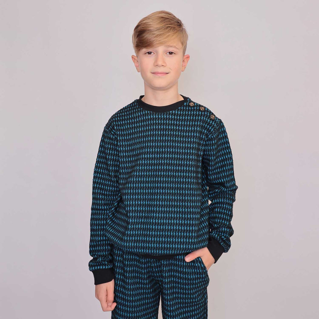 Pied-de-poule Black and Blue Cotton Sweatshirt
