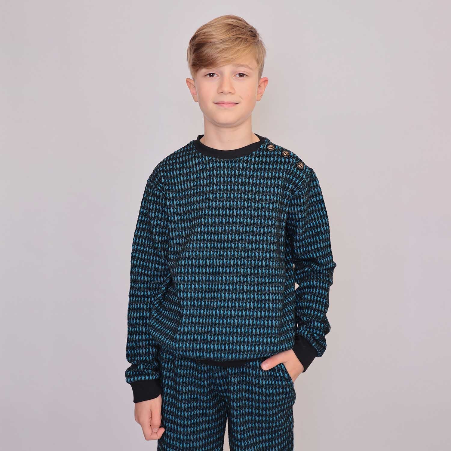 Pied-de-poule Black and Blue Cotton Sweatshirt