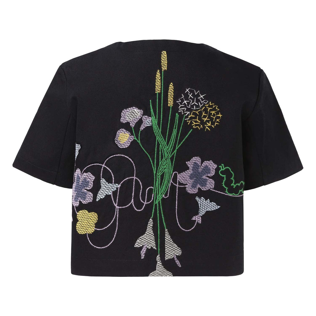 Black Crop Top with Floral Embroidery