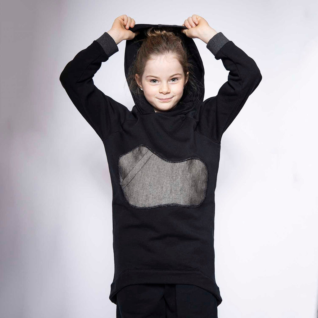 Black Cotton Hoodie with Appliqué