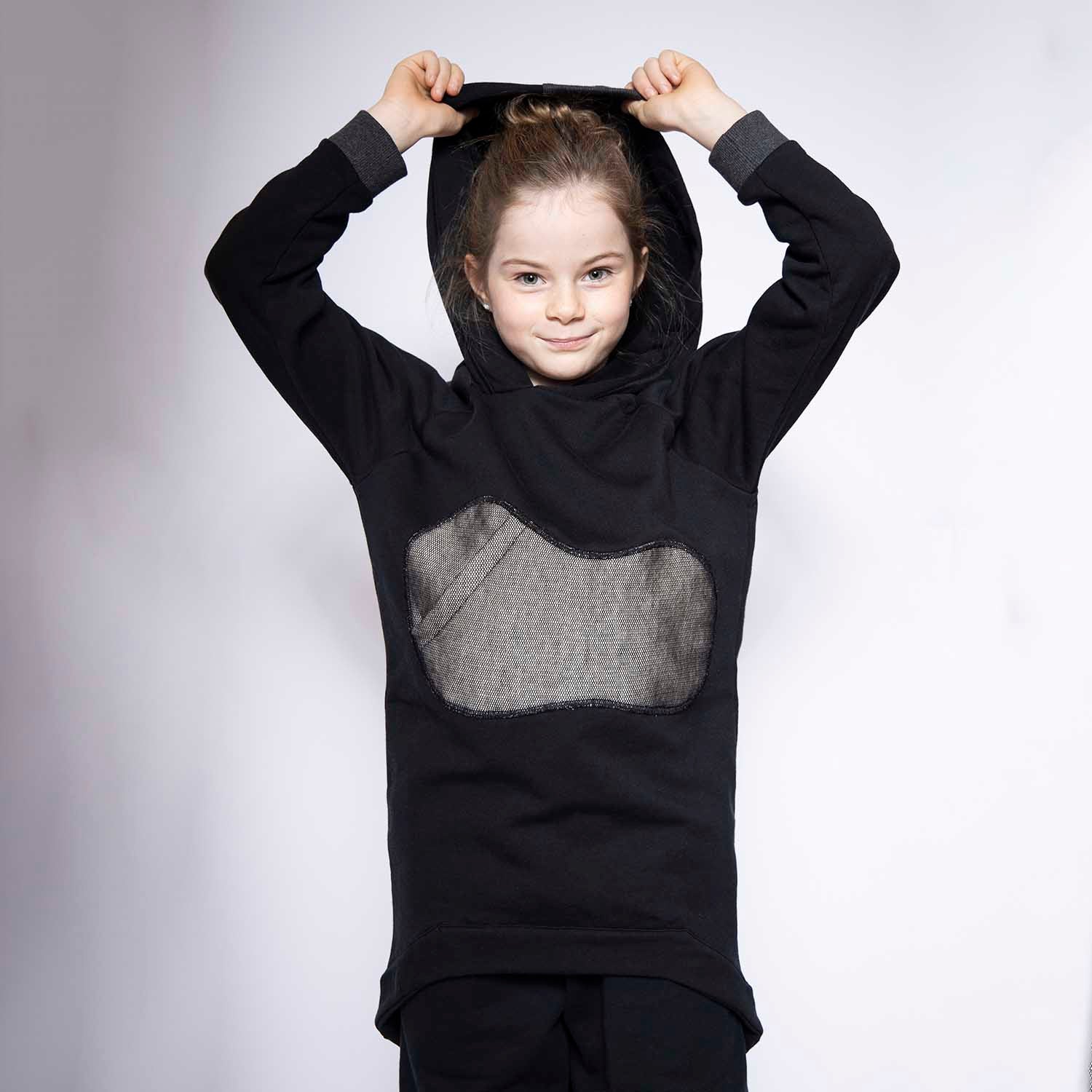 Black Cotton Hoodie with Appliqué