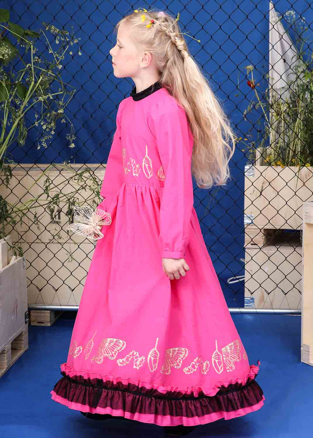 Girls Ball Gown in Pink with Golden Hand Block Print