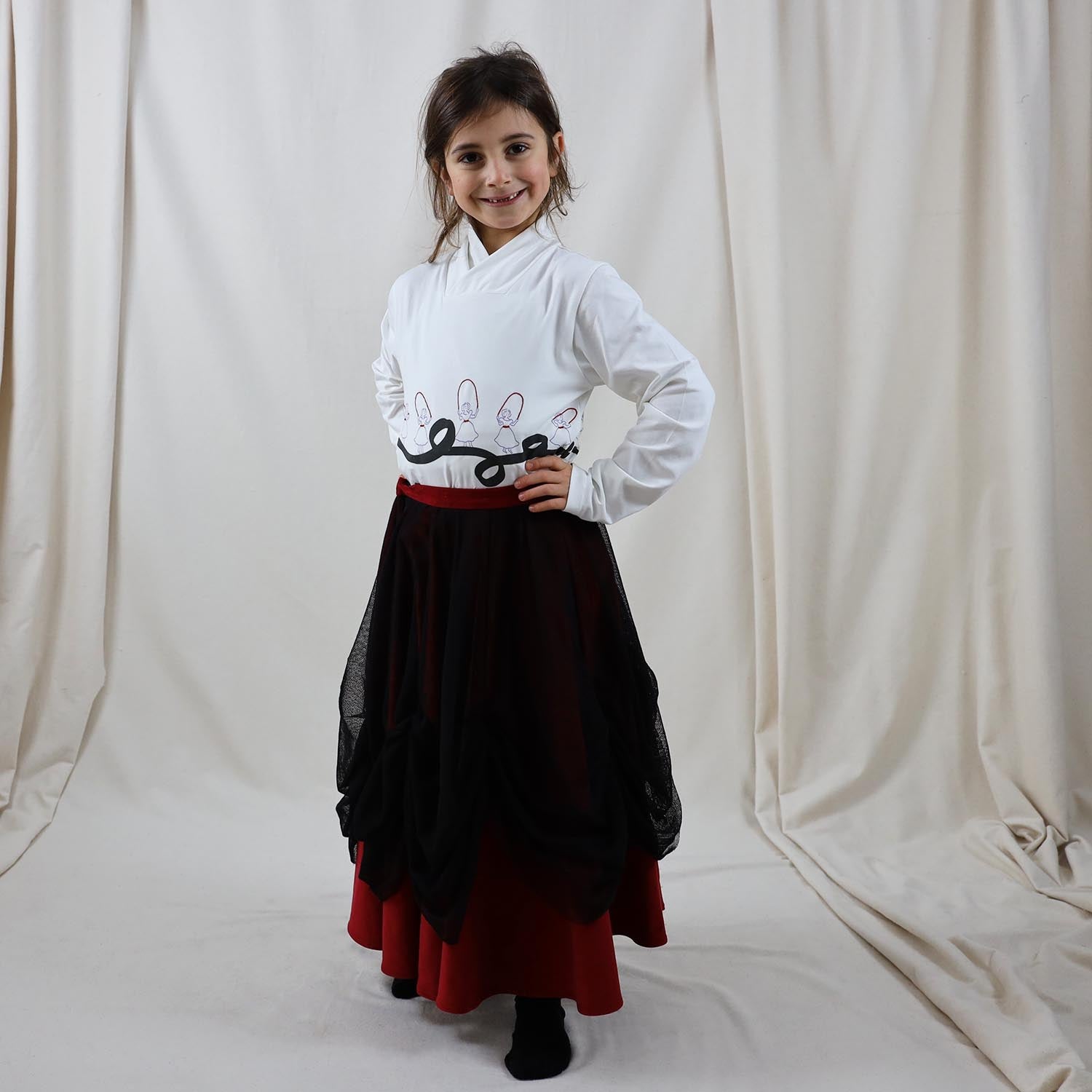 Red Corduroy Skirt with Tulle