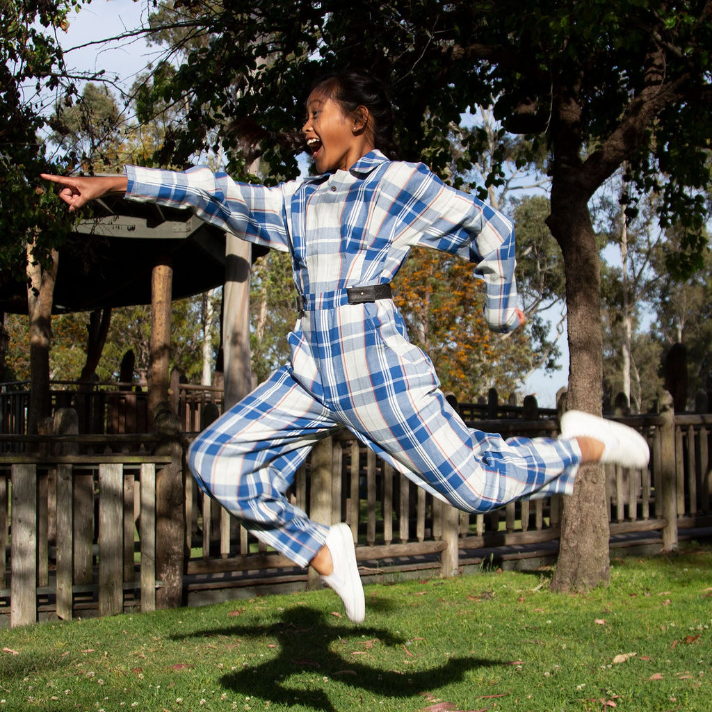 Blue and White Tartan Boiler Suit