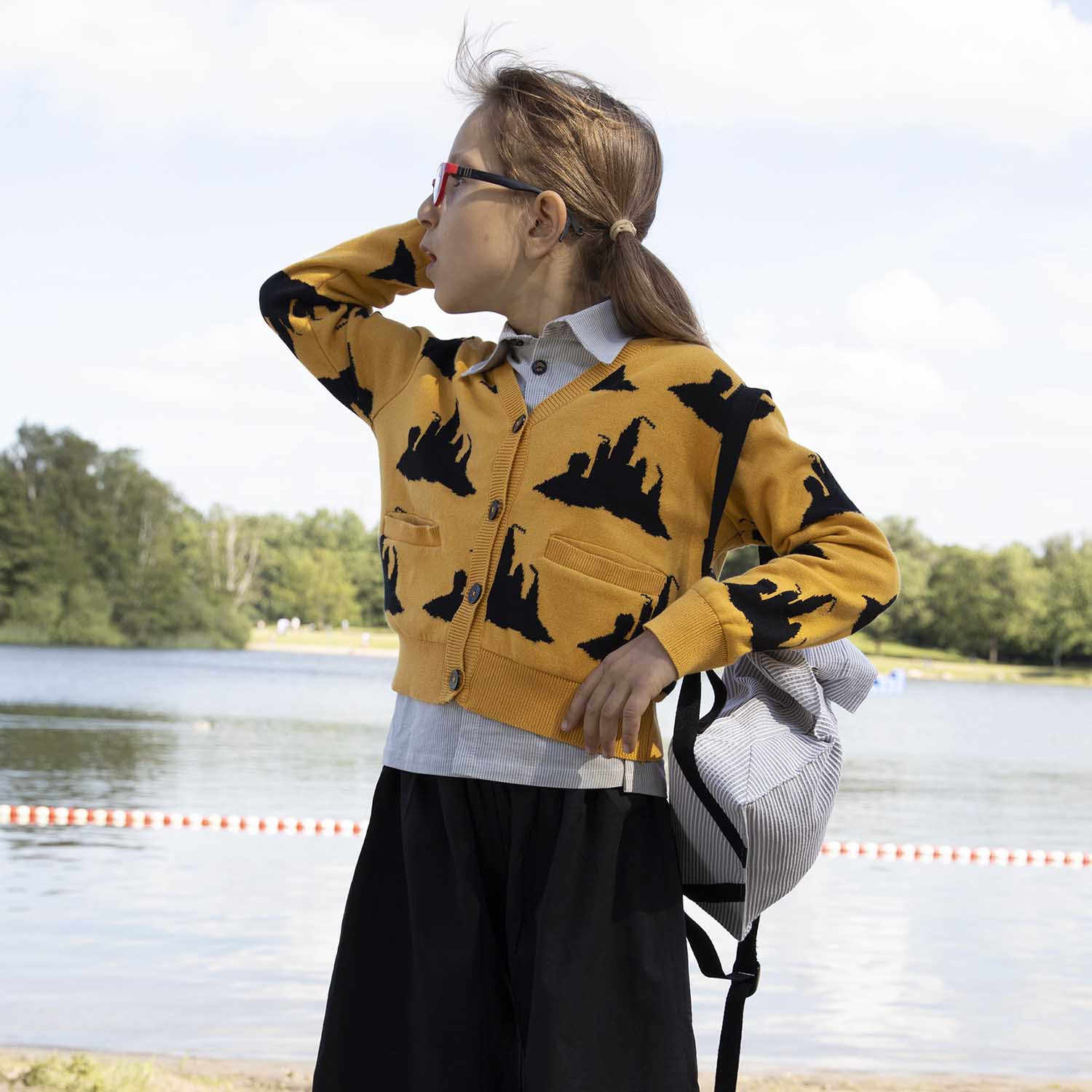 Yellow Knitted Girls and Boys Cardigan with Beach Castle