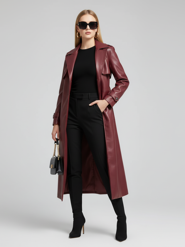 Plus-Size Long Leather-Style Windbreaker For Women, Red Hook, BYMANYC New York.