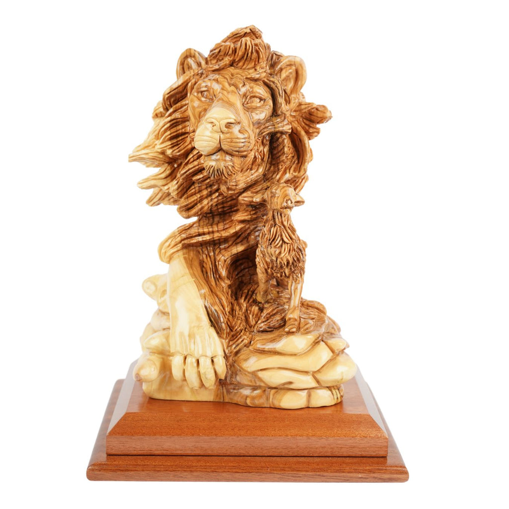Hand-carved sculpture "Lion and Lamb" – symbol of peace, made of olive wood (30 cm)