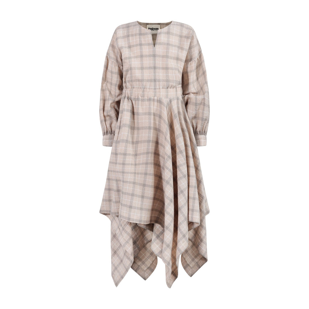 The Drama Dress — Beige Check Seersucker