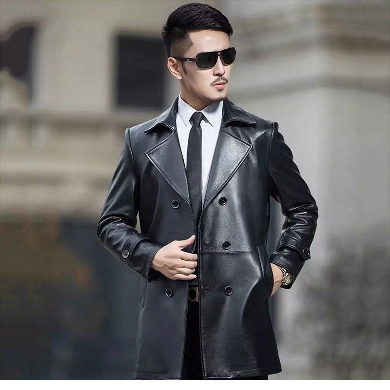 Spectra Men's Double Breasted Sheepskin Leather Blazer Coat