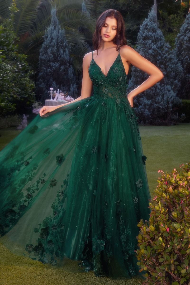 TULLE A-LINE FLORAL APPLIQUED GOWN CDA1326