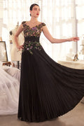 Floral Applique Embellished Long A-Line Dress For Special Occasion w/ Pleated Design & Cap Sleeves