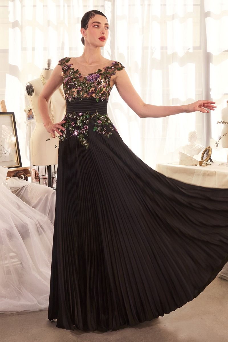 Floral Applique Embellished Long A-Line Dress For Special Occasion w/ Pleated Design & Cap Sleeves